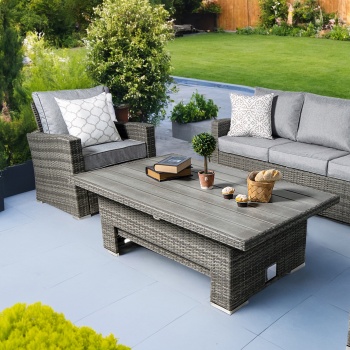 Vermont Luxury Grey Rattan Sofa Set with Adjustable Table  Outdoor Patio Furniture FREE Cushions + Cover