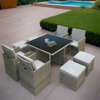 Hera Deluxe Rattan 8 Seater Dining Cube Garden Furniture Patio Set w/ Parasol Hole - Grey