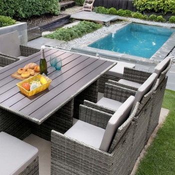 Hestia Deluxe Rattan 10 Seater Dining Cube Garden Furniture Patio Set w/ Parasol Hole - Grey