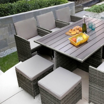 Hestia Deluxe Rattan 10 Seater Dining Cube Garden Furniture Patio Set w/ Parasol Hole - Grey