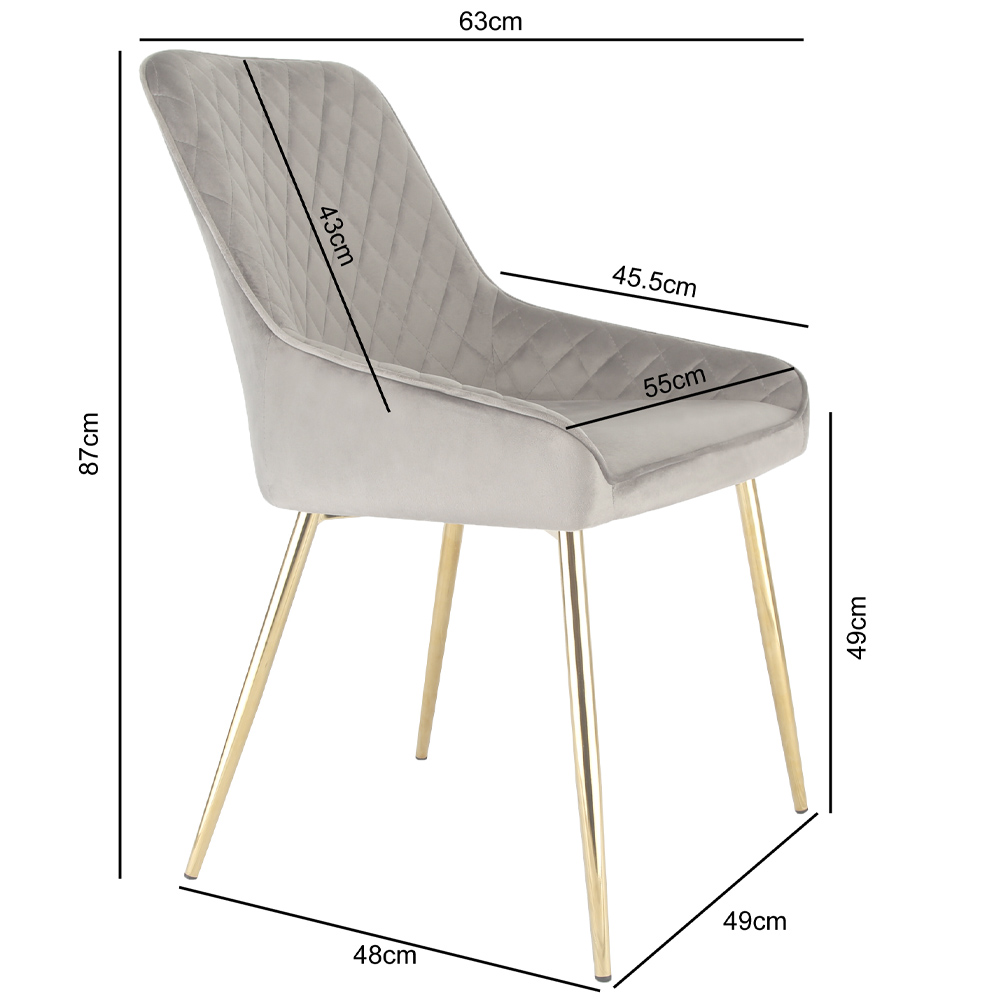 Evie Dining Chair in Velvet Fabric w/ Gold Legs - Grey | Free & Fast P&P