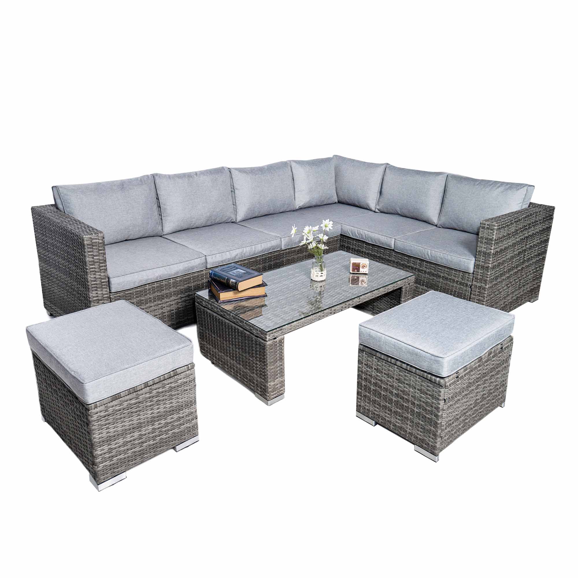 Vancouver Deluxe Rattan 7 Seater Corner Garden Furniture Patio Set - Grey